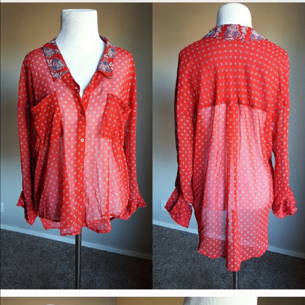 Free People red sheer paisley blouse size M